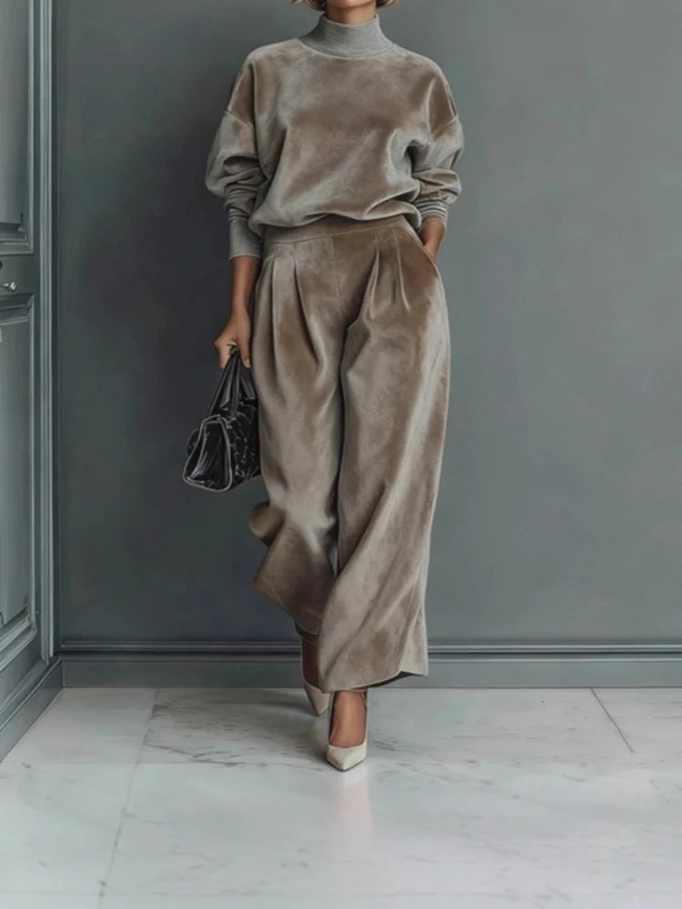 High Collar Gold Velvet Long Sleeve Casual Sports Wide Leg Set