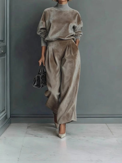 High Collar Gold Velvet Long Sleeve Casual Sports Wide Leg Set