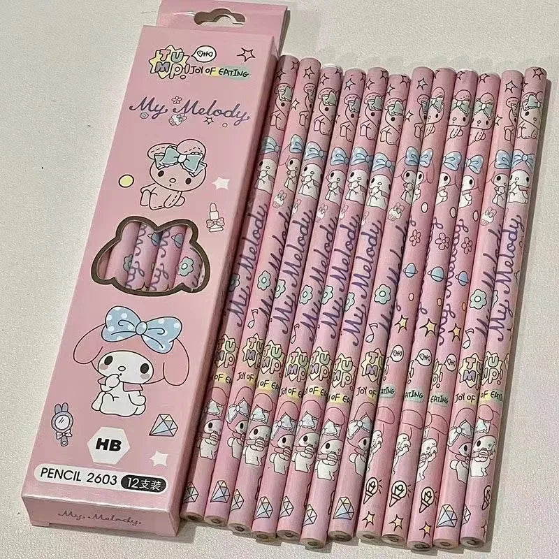 12Pcs/Box Sanrio Pencil Melody Kuromi Cinnamoroll HB Black Write Draw Pencils