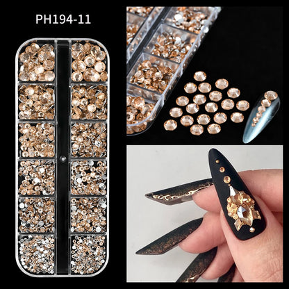12Gird 3D Glass AB Crystal Nail Art Rhinestones Kit