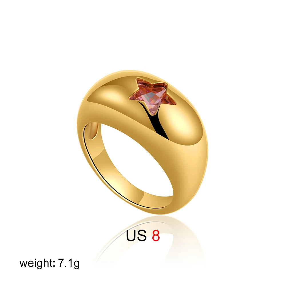 Waterproof 18K Gold Chubby Star Sleek Stainless Steel Pink Zircon Dome Finger Ring