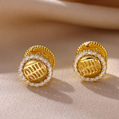 Double Sided Letter Round Crystal Halo Huggie Hoop Earring