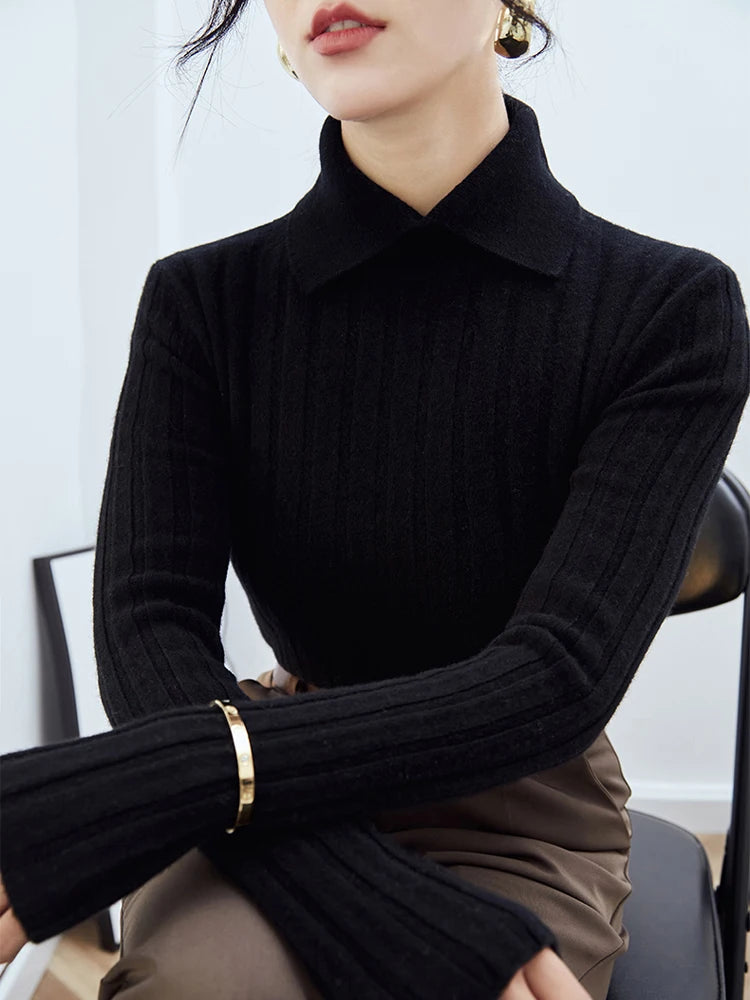 Polo Collar Knitted Sweater Long Sleeve Slim Fit Pullovers