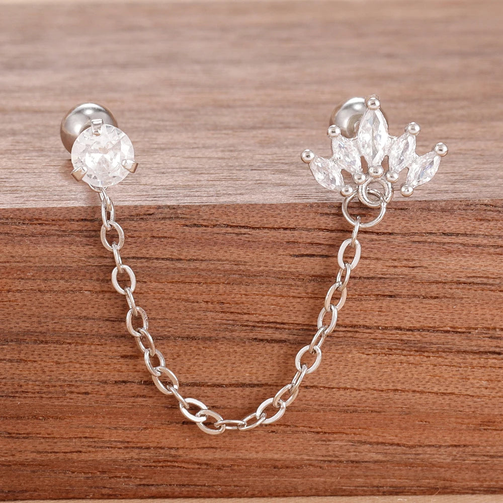 Stainless Steel Gold Color Chain Dangle Drop Zirconia Earrings