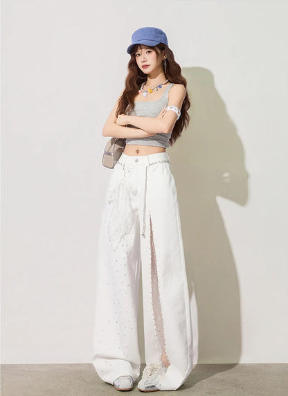 Baggy Jeans Flare Lace Applique Crystal Wide Leg Pearl Slit Pants