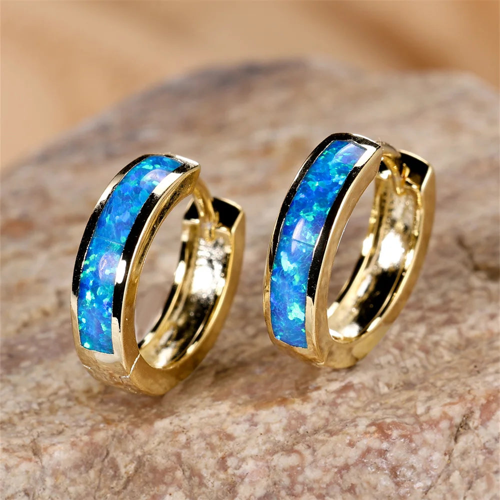 White Blue Opal Classic Small Round Circle Hoop Earrings