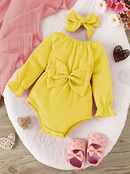 2pieces-Baby Bow Pink Long Sleeve Onesie Set