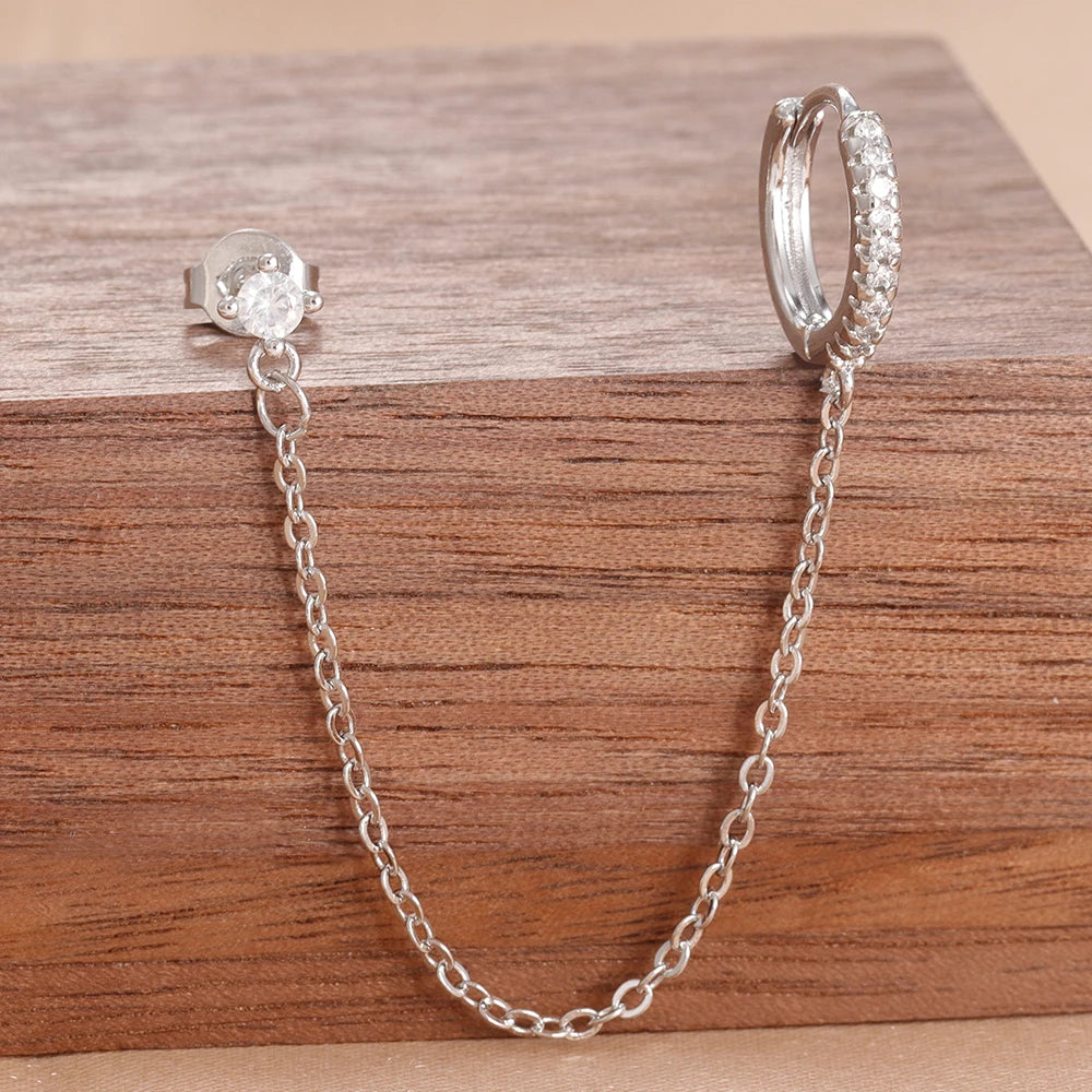 Stainless Steel Gold Color Chain Dangle Drop Zirconia Earrings