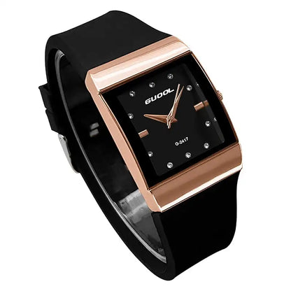 Quartz Rose Gold Square Case Black Silicone Strap Dial Crystal Watch
