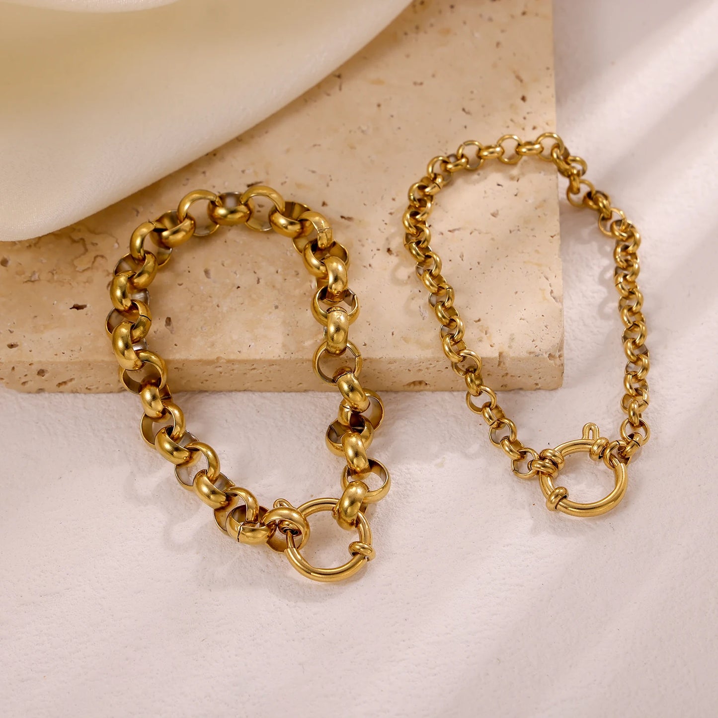 Stainless Steel Thick Simple Chunky Chain Layered Gold Bracelet Set