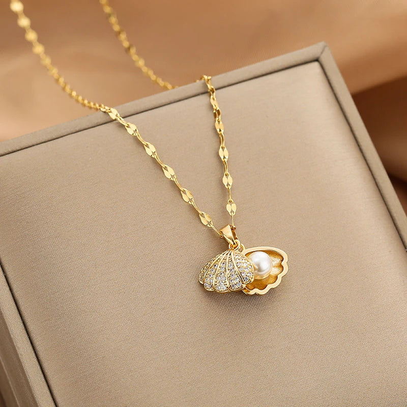 Openable Shell Pearl Necklace Rhinestone Jewelry