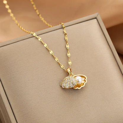 Openable Shell Pearl Necklace Rhinestone Jewelry