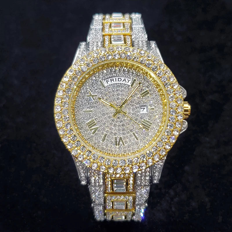 Luxury Diamond Bling Iced Hip Hop Golden Stainless Steel Quartz Watch
