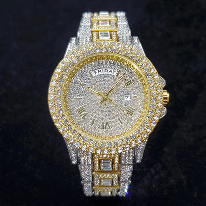 Luxury Diamond Bling Iced Hip Hop Golden Stainless Steel Quartz Watch