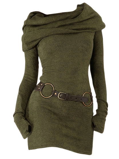 Temperament Commuter Pile Collar Solid Color Knitted Dress