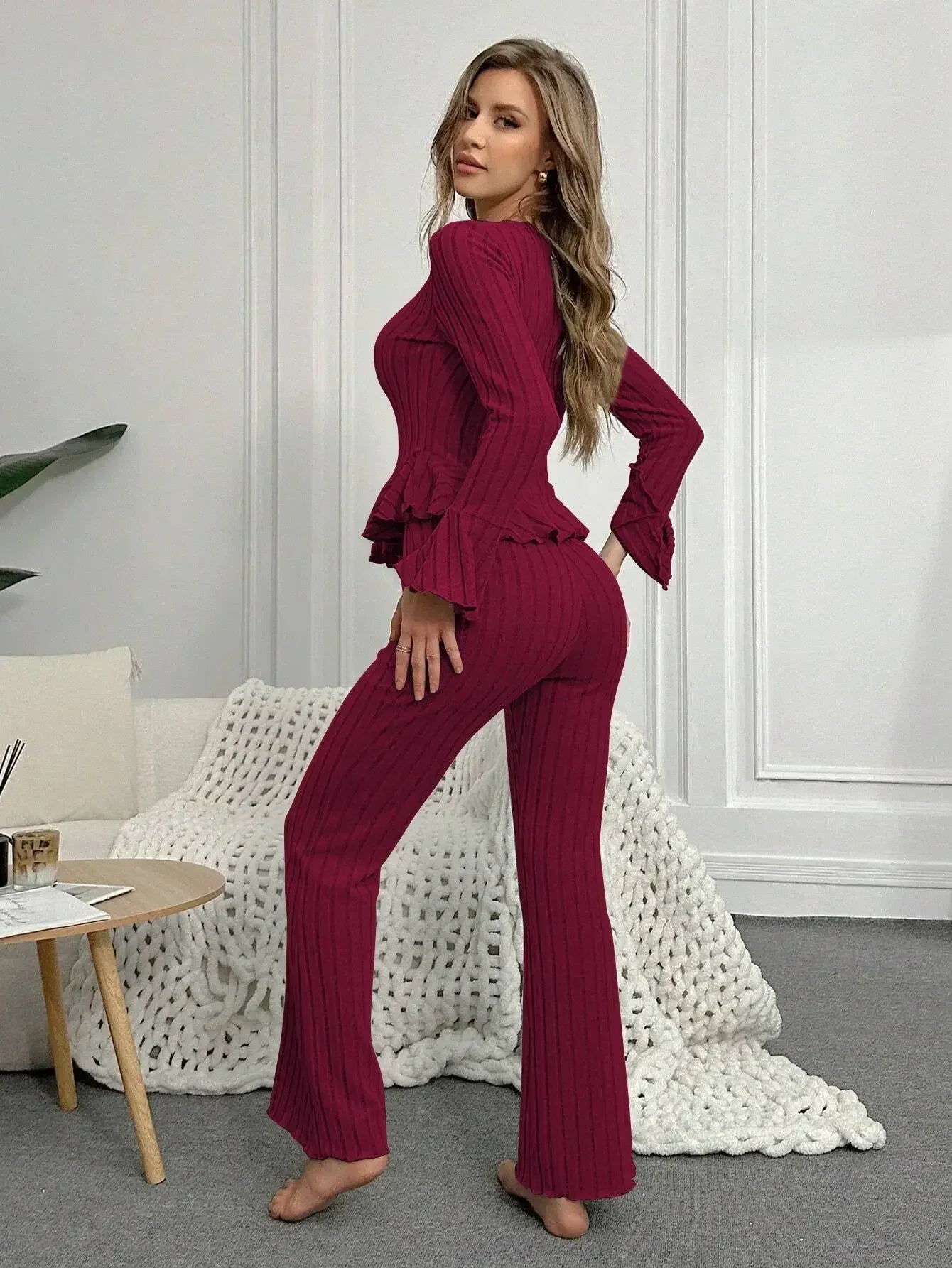 Sexy V Neck Long Sleeve Pyjamas Set
