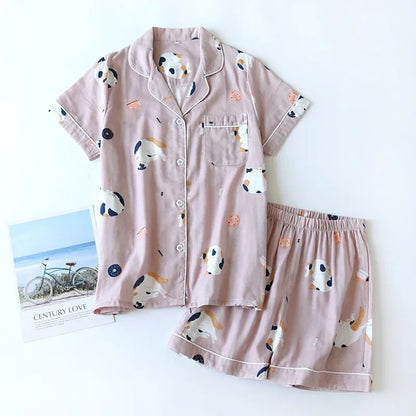 Japanese 100% Cotton Gauze Thin Short-sleeved Shorts Cute Cat Cartoon Pajama Set