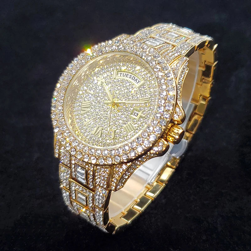 Luxury Diamond Bling Iced Hip Hop Golden Stainless Steel Quartz Watch