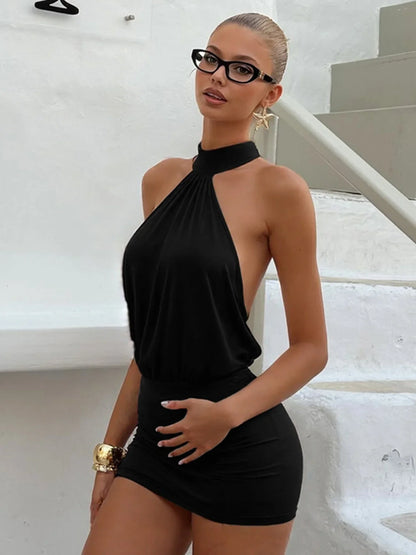 Sexy Halter Sleeveless Lace Up Backless Mini Dress