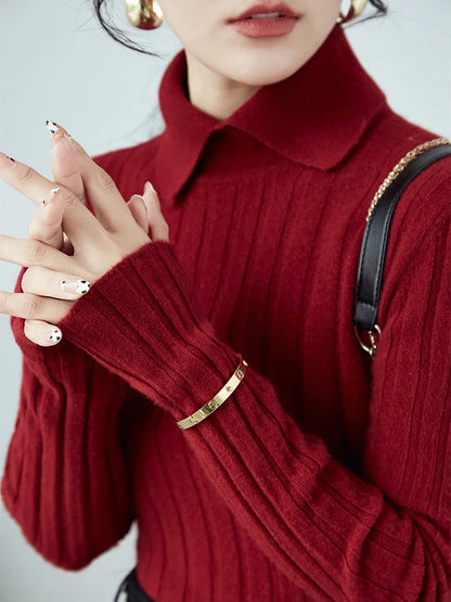 Polo Collar Knitted Sweater Long Sleeve Slim Fit Pullovers