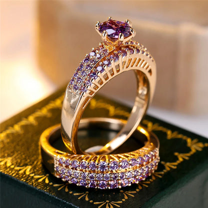 Crystal Purple Black Blue Zircon Round Stone Ring Set
