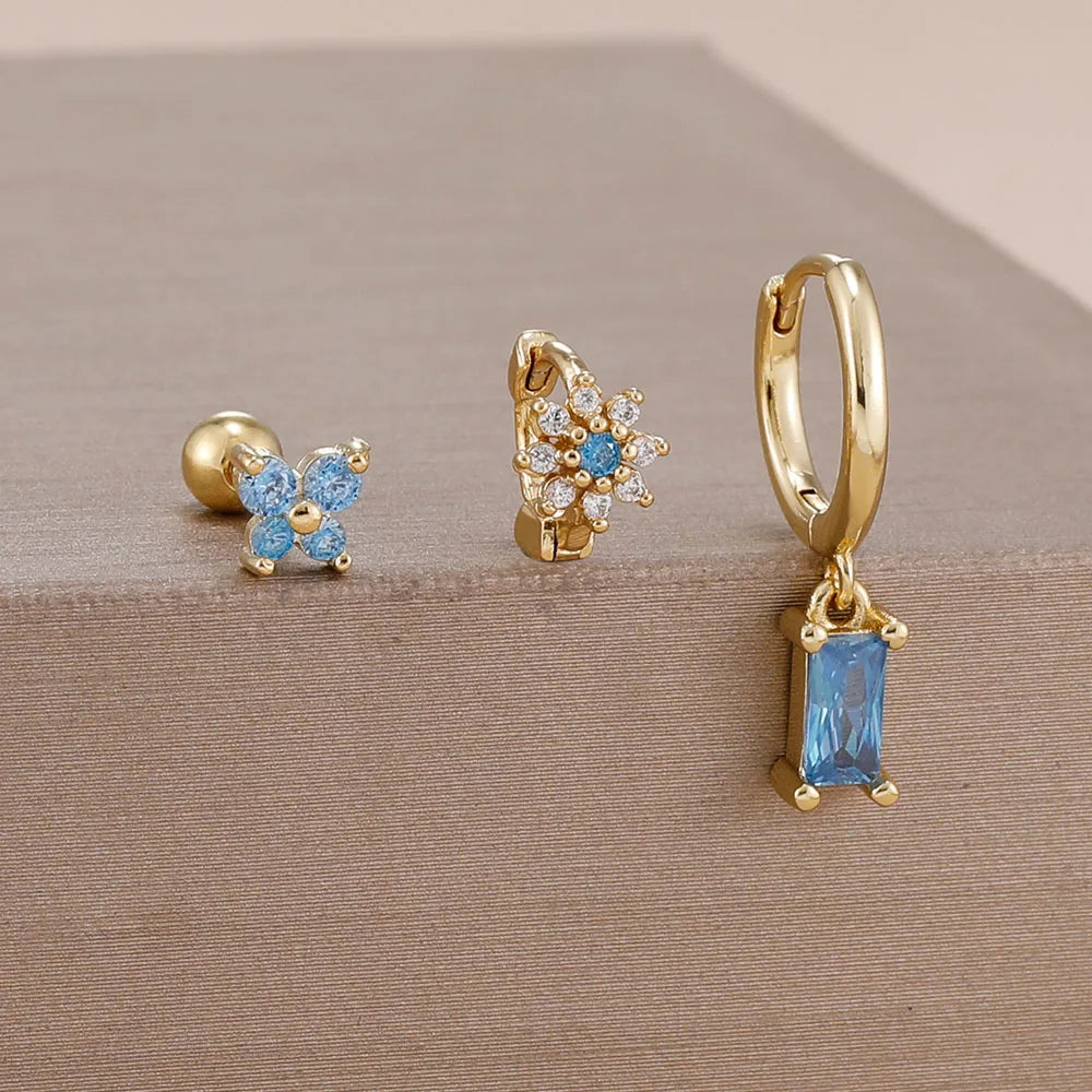 14K Gold Plated Zircon Square Hoop Stainless Steel Butterfly Stud Earring Set