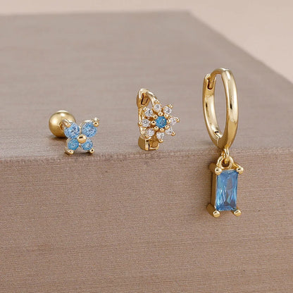 14K Gold Plated Zircon Square Hoop Stainless Steel Butterfly Stud Earring Set