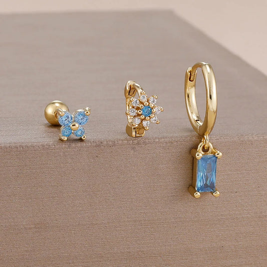 14K Gold Plated Zircon Square Hoop Stainless Steel Butterfly Stud Earring Set