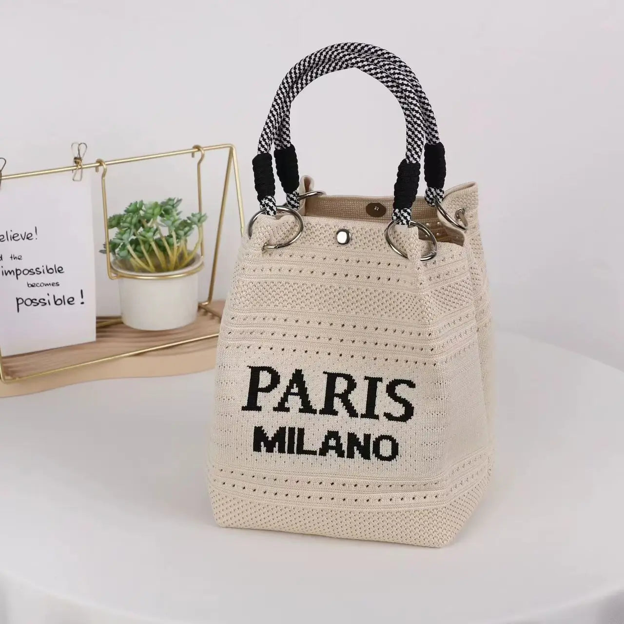 Letter Print Hollow Knit Bucket Lightweight Woven Handbag Small Tote Bag