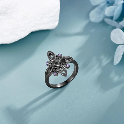 Black Witch Knot Rings 925 Silver Plating Mystical Purple Zircon Ring