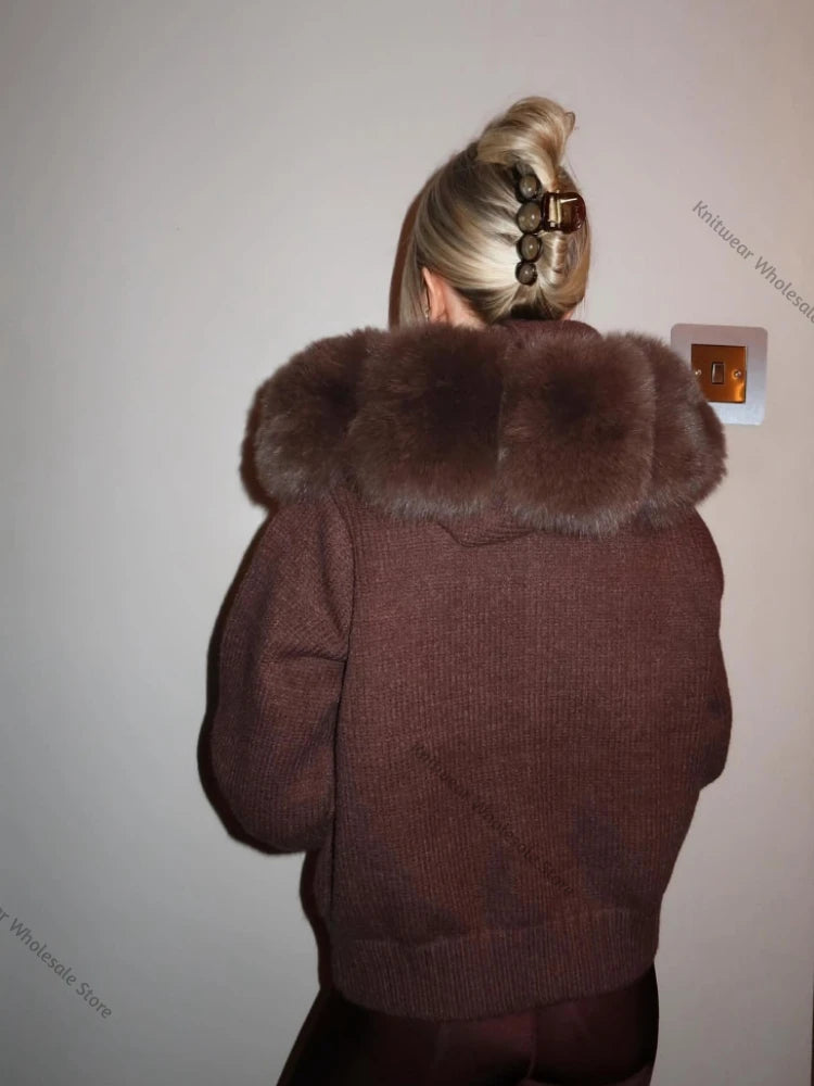Autumn Winter Casual Hooded Real Fox Fur Collar Short Knitted Jacket