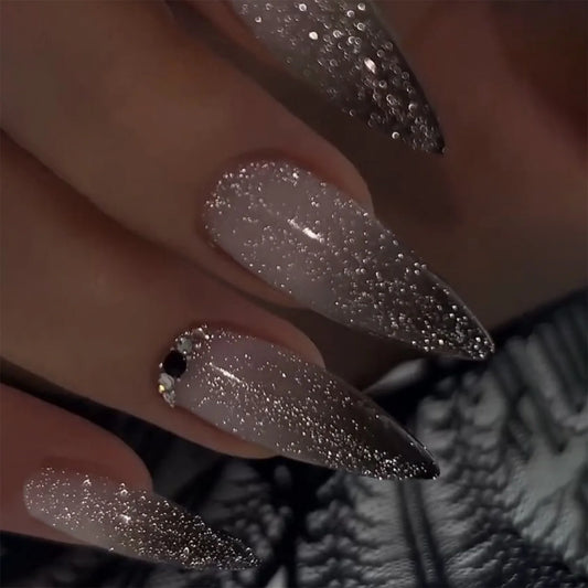 24Pcs Metallic Cat Eye French Sheer Manicure Tip Art Textured 3D Acrylic False Nails