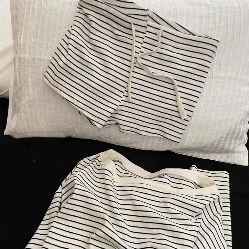 Korean Style Striped Long Sleeve Drawstring Shorts Sleepwear Pajama Set