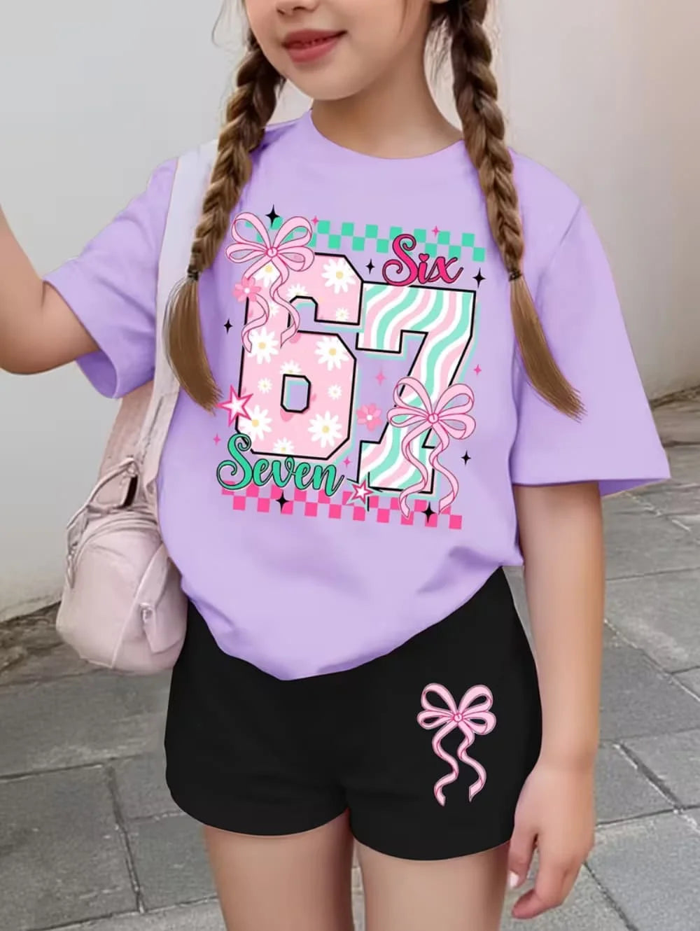 67 Six Seven Cute Bows Flowers Print Short Sleeve T-Shirt Set