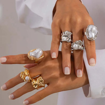 6Pcs/Set Gold Color Imitation Pearl Open Ring