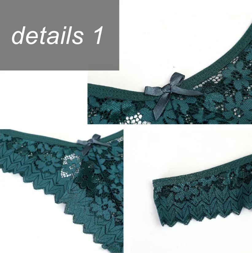 3PC Sexy T Back Thong Mid Waist Lace Transparent Underwear
