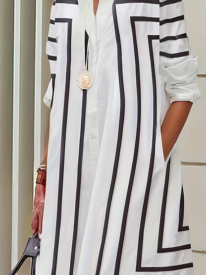 Casual Striped Button Loose Fit Knee-Length Dress