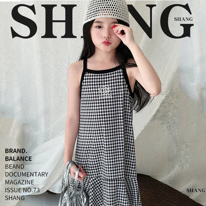 Girls Cotton Flower Dot Plaid Dress