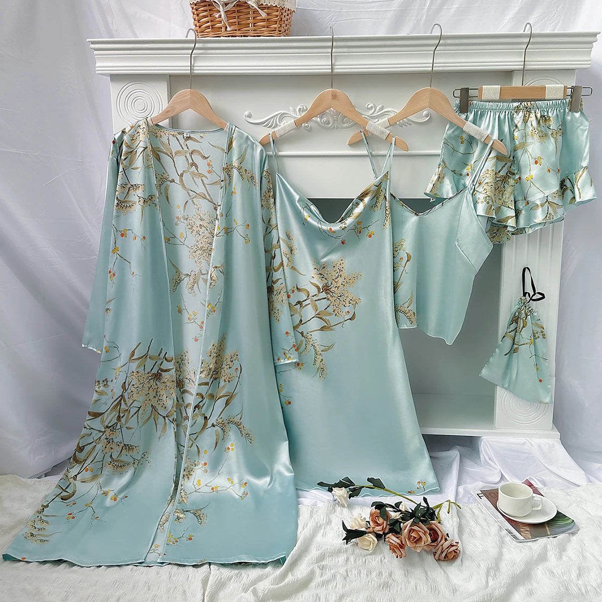 5pcs Floral Print Long Sleeve Robe Cami Dress Pajamas Sets