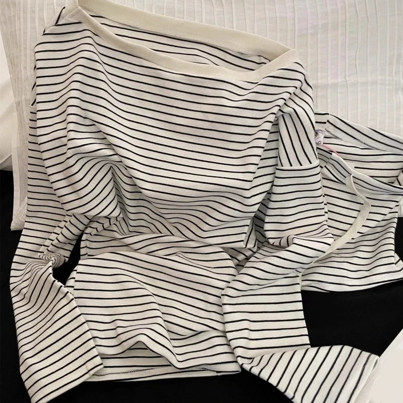 Korean Style Striped Long Sleeve Drawstring Shorts Sleepwear Pajama Set