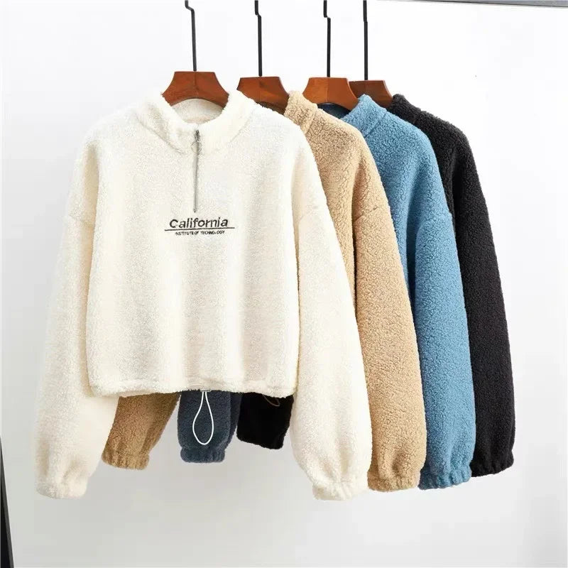 Letter Embroidery Stand Neck Fleece Long Sleeve Pullover