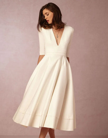 Short Sleeve V-neck Slit Solid High Quality Long Dress