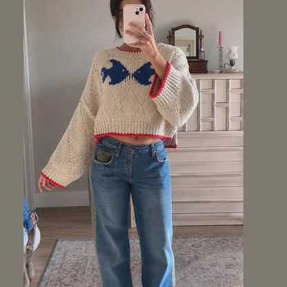 Bow Jacquard Cropped Knit Sweater Wide Long Sleeve Crew Neck Loose Chunky Knit Pullover