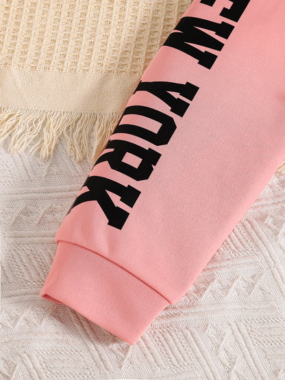 Spring and Autumn letter printed pink hooded sweatshirt+white vest+pink pants