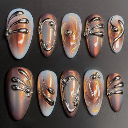 24Pcs Gilded 3D Flower Press on Nails Black French Leopard Print False Nails