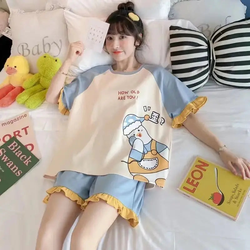 Short-Sleeved Loose Large Size Princess Style Strawberry Dinosaur Kawaii CutePajamas Sets