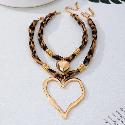 Layered Leopard Print Heart Choker Necklace Set