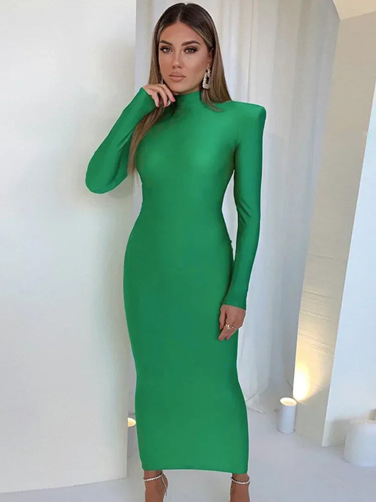 Shoulder Padded Long Sleeve Maxi Long Dress