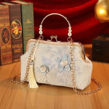 Vintage Kiss Lock Handbag Chinese Style Floral Lace Tassel Small Square Bag
