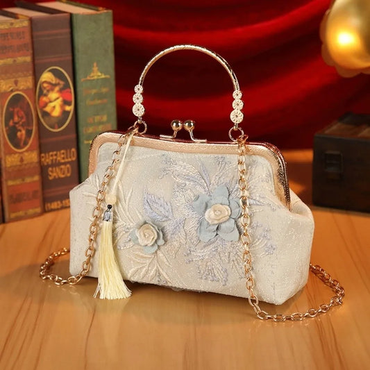 Vintage Kiss Lock Handbag Chinese Style Floral Lace Tassel Small Square Bag
